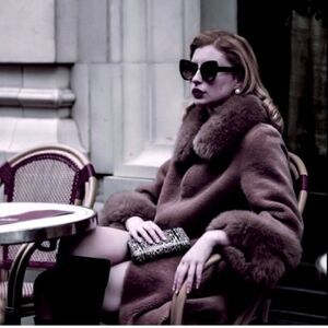Ralph Lauren Vintage Chocolate Brown Fur Trimmed Lamb Shearling Swing Coat